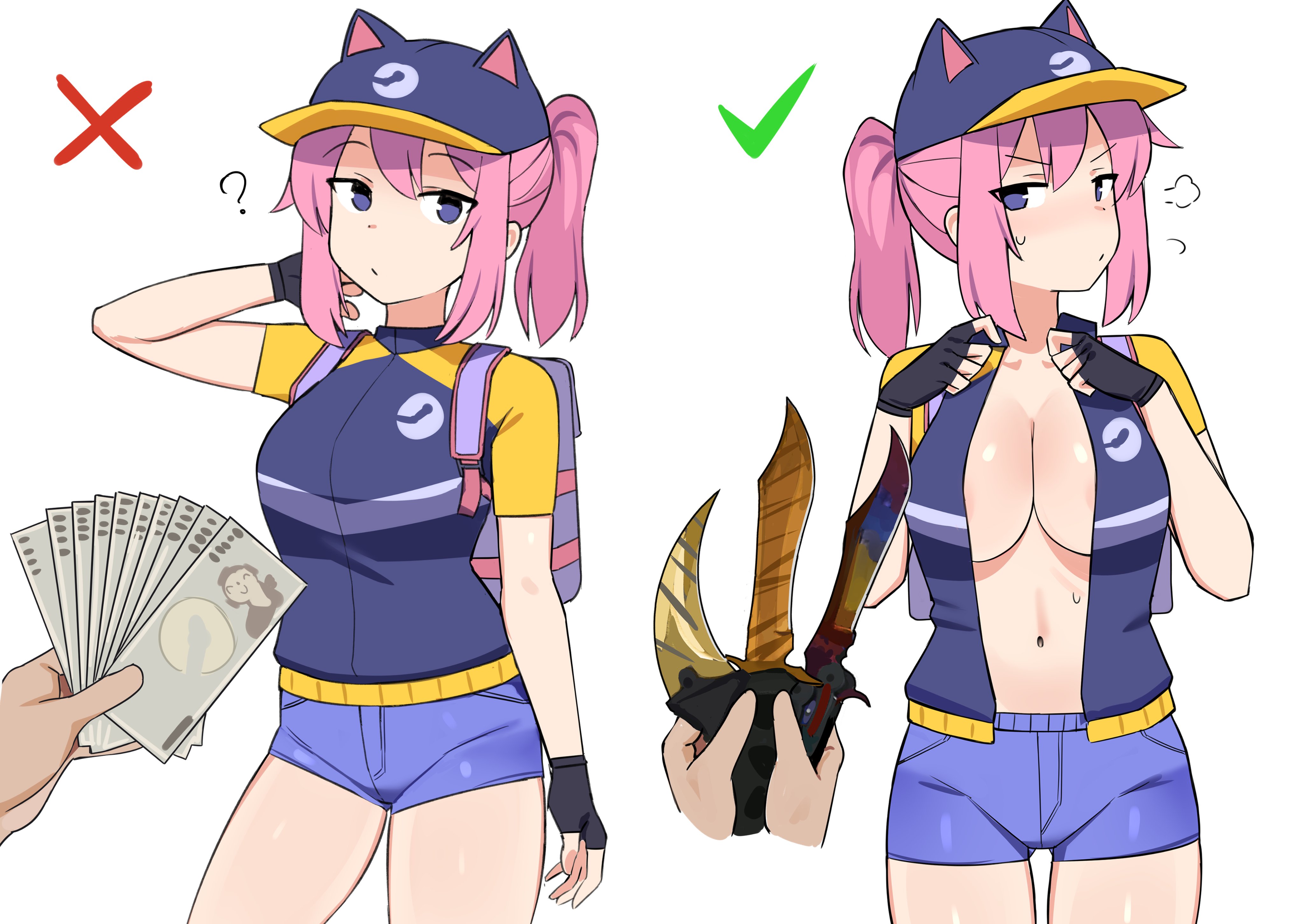 peps art, steam delivery girl, steam (platform), absurdres, commentary, english commentary, highres, 1girl, ?, animal ear headwear, animal hat, backpack, bag, bare arms, black gloves, blue eyes, blue shorts, blush, breasts, cat hat, cleavage, fake animal ears, fingerless gloves, fistful of yen (meme), gloves, hat, jacket, knife, large breasts, looking at viewer, medium hair, meme, money, money fan, multiple views, navel, no bra, open clothes, open jacket, pink hair, ponytail, short shorts, short sleeves, shorts, simple background, white background