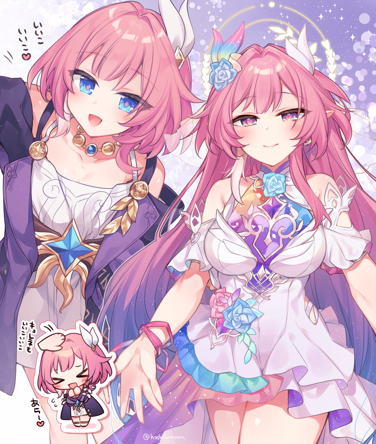 hoshihuri, cyrene (honkai: star rail), cyrene (ripples of past reverie) (honkai: star rail), honkai: star rail, honkai (series), commentary request, highres, 2girls, bare shoulders, blue eyes, breasts, chibi, coat, cyrene (aedes elysiae) (honkai: star rail), diamond-shaped pupils, diamond (shape), dress, dual persona, flower, hair flower, hair ornament, halo, headpat, jewelry, large breasts, long hair, multiple girls, necklace, open mouth, pink eyes, pink hair, pointy ears, purple coat, purple eyes, short hair, small breasts, smile, symbol-shaped pupils, thighs, very long hair, white dress