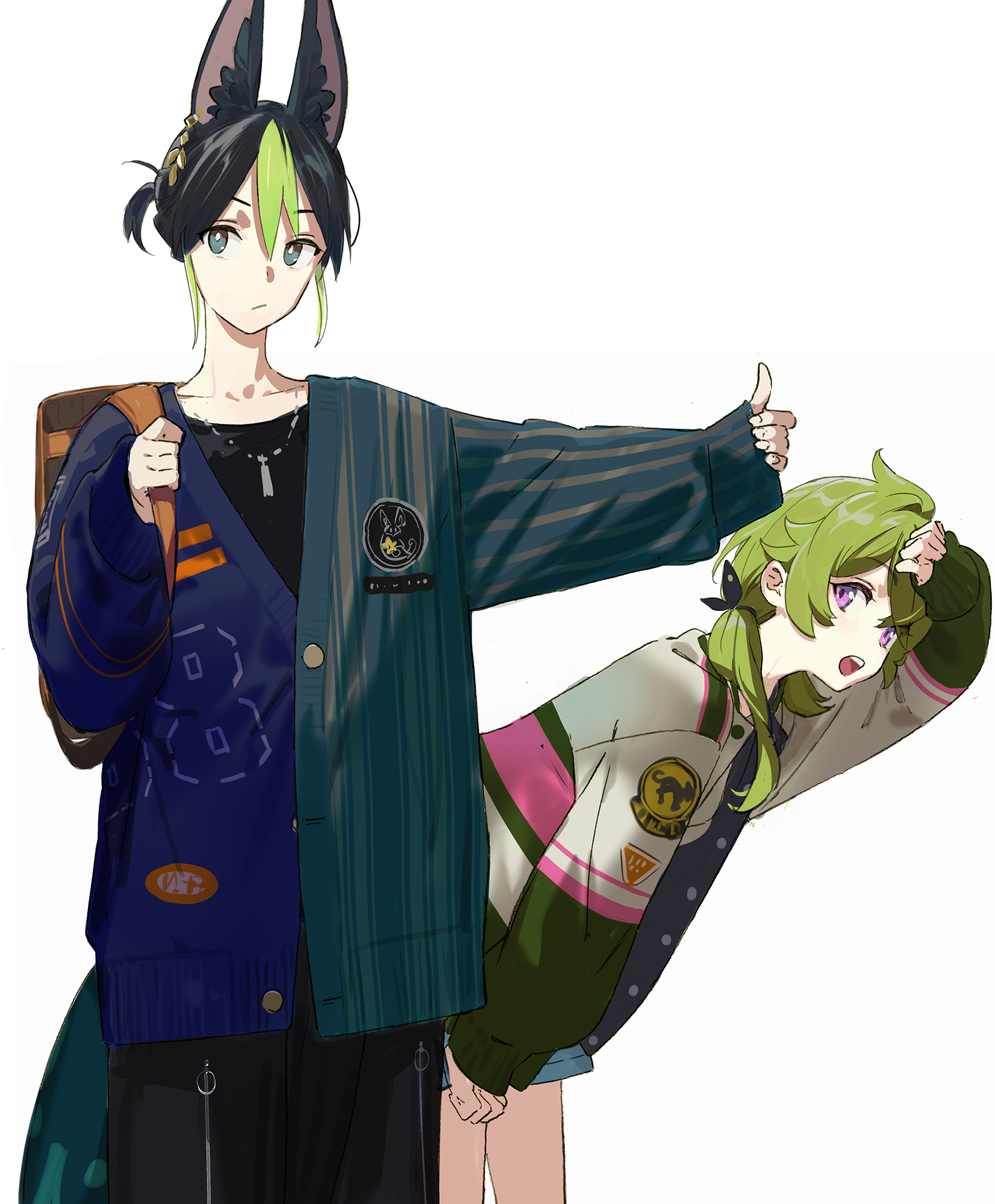 pako (pakosun), collei (genshin impact), tighnari (genshin impact), genshin impact, highres, 1boy, 1girl, alternate costume, alternate hairstyle, animal ear fluff, animal ears, backpack, bag, bent over, black hair, black ribbon, black shirt, blue eyes, buttons, cardigan, closed mouth, earrings, fox boy, fox ears, fox tail, green hair, hair ribbon, jacket, jewelry, long sleeves, looking at viewer, multicolored hair, open mouth, purple eyes, ribbon, shirt, simple background, single earring, tail, thumbs up, white background
