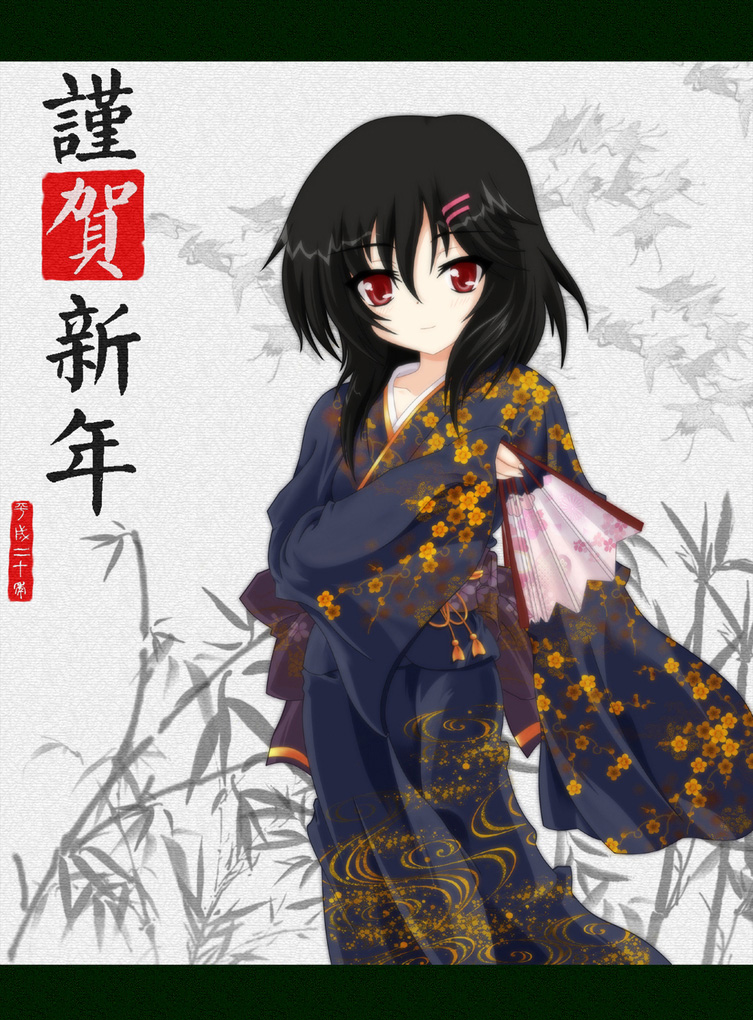 auer, shameimaru aya, touhou, bad id, bad pixiv id, 1girl, black hair, female focus, folding fan, hair ornament, hairclip, hand fan, japanese clothes, kimono, long sleeves, outdoors, oversized clothes, plant, red eyes, short hair, solo, standing