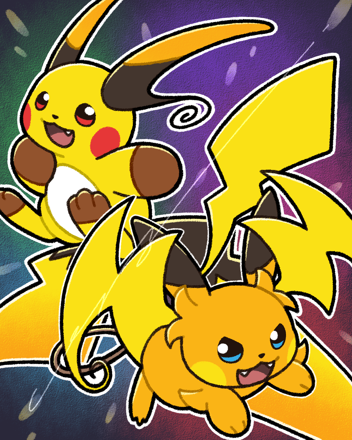 mega raichu x, mega raichu y, raichu, nintendo, pokemon, commentary request, highres, :d, fang, fangs, gen 1 pokemon, happy, itoharu, no humans, open mouth, outline, pokemon (creature), pokemon focus, smile, tongue