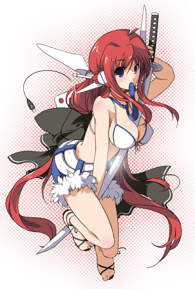 sakura sora, original, bad id, bad pixiv id, 1girl, between breasts, between legs, bikini, bikini top only, blue eyes, breasts, cleavage, female focus, hand between legs, katana, large breasts, legs, long hair, mouth hold, red hair, shorts, solo, swimsuit, sword, usb, very long hair, weapon, white bikini