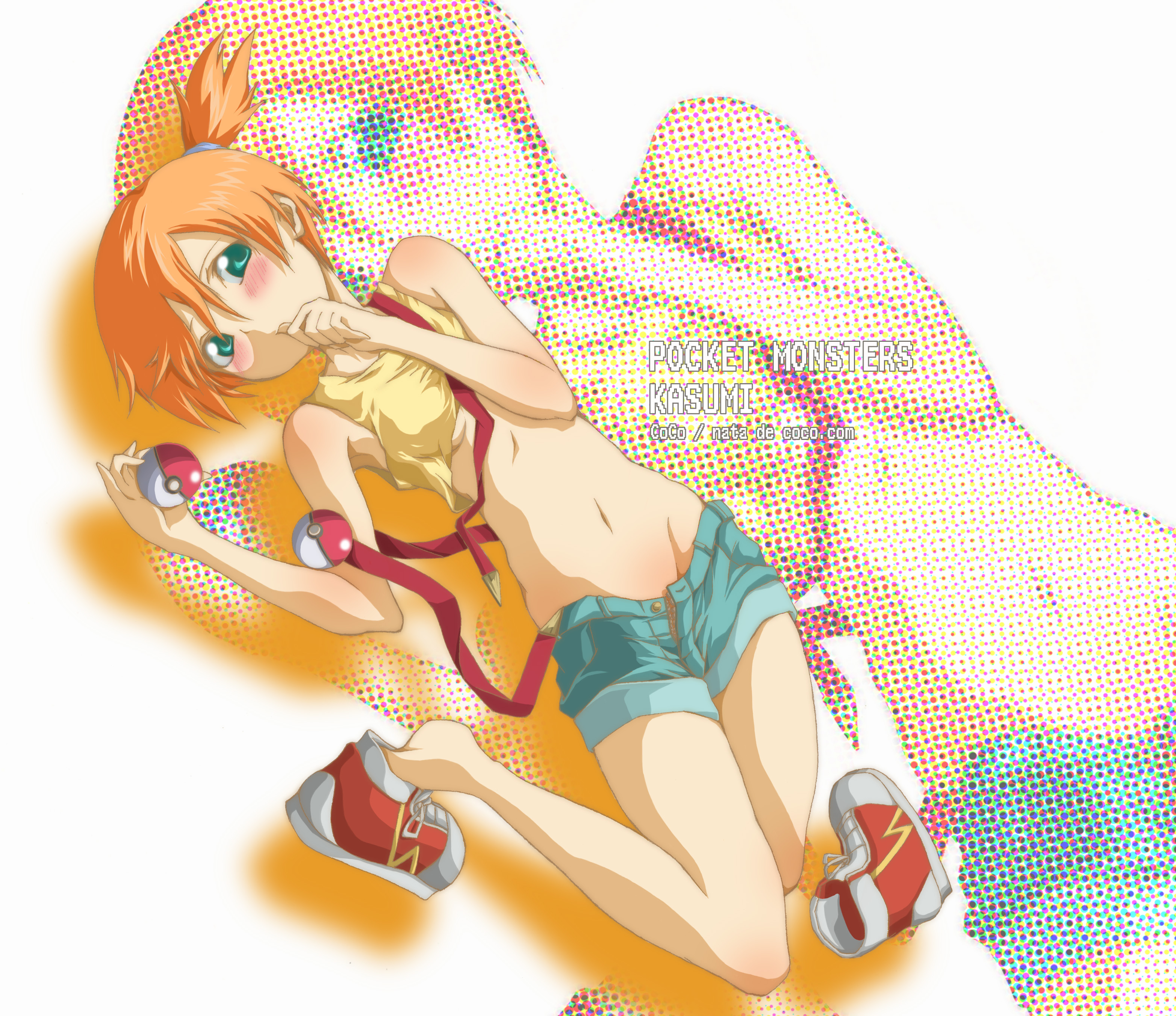 coco-kurogaki, misty (pokemon), nintendo, pokemon, absurdres, bad id, bad pixiv id, highres, 1girl, armpits, blush, breasts, character name, copyright name, female focus, green eyes, holding, holding poke ball, medium breasts, midriff, no socks, orange hair, poke ball, shoes, side ponytail, simple background, sneakers, solo, suspenders, underboob, white background, zoom layer