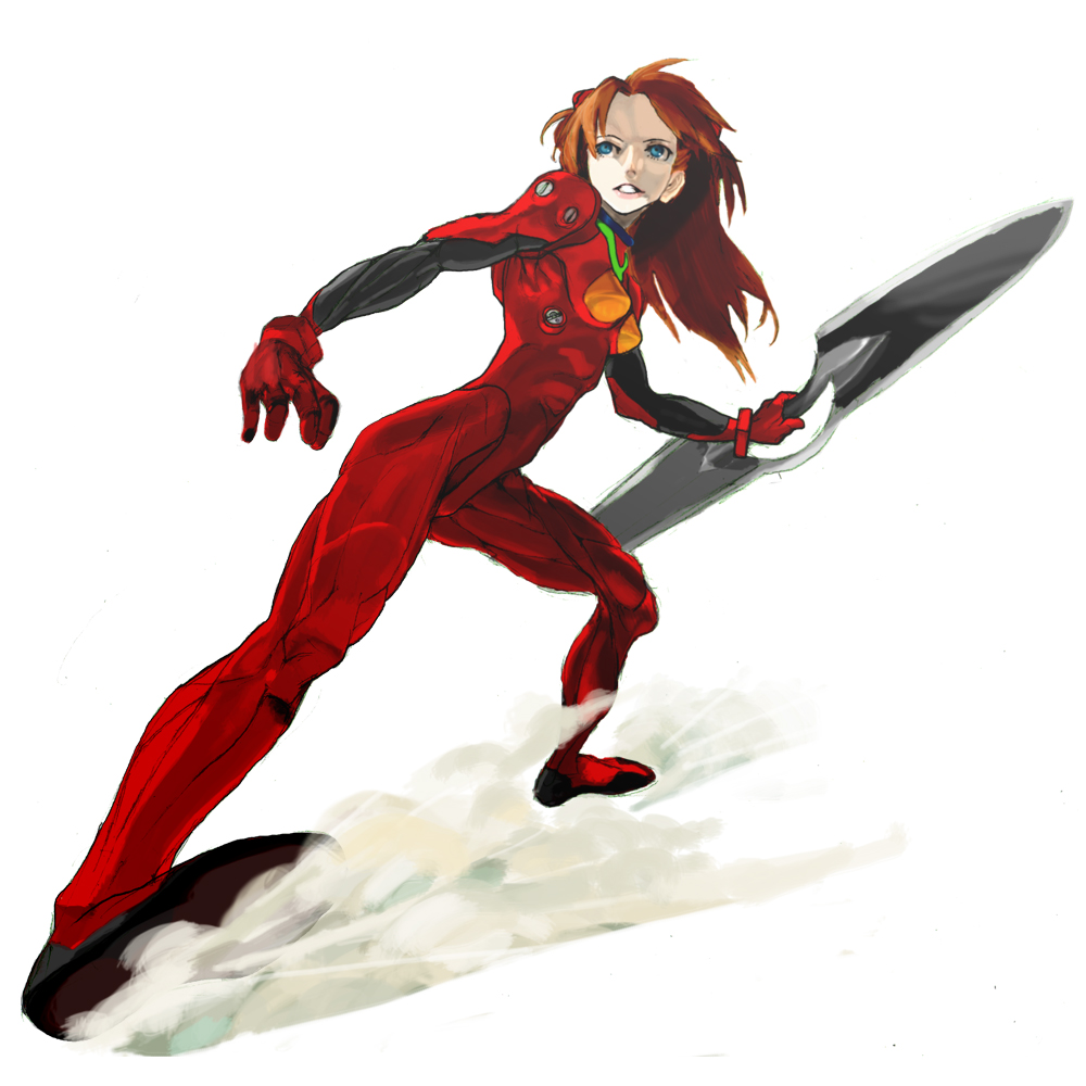 mahha, souryuu asuka langley, neon genesis evangelion, bad id, bad pixiv id, blue eyes, bracer, double blade, foreshortening, from side, full body, legs apart, mecha pilot suit, plugsuit (evangelion), red hair, simple background, skin tight, solo, standing, sword, toned, toned female, weapon, white background