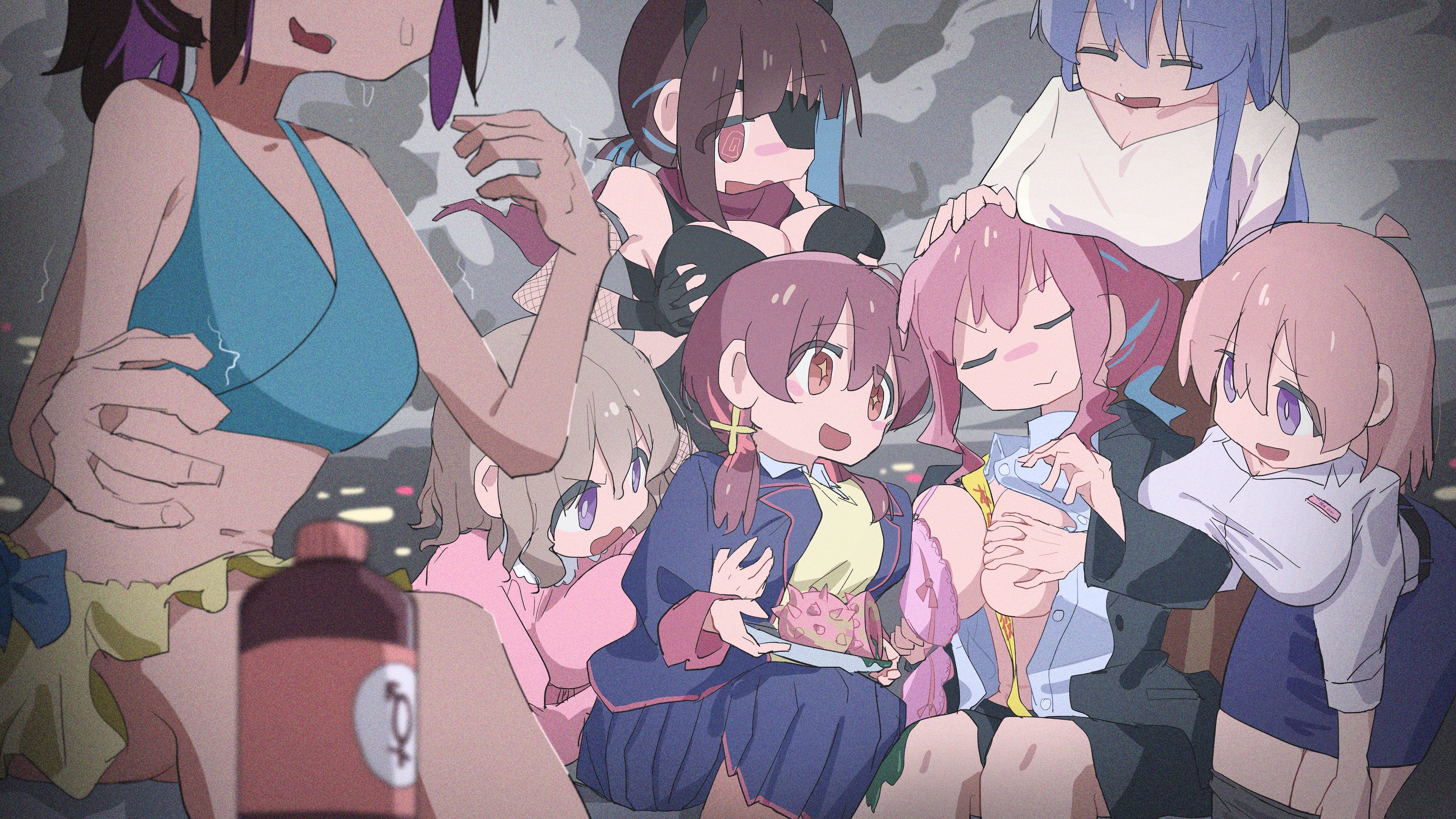 enosawari, hozuki kaede, hozuki momiji, kitahara yuriko, murosaki miyo, nanami raika, oyama mihari, onii-chan wa oshimai!, absurdres, commentary, highres, + +, 6+girls, :>, :d, @ @, alternate breast size (larger), bare arms, bare shoulders, bikini, black gloves, blue hair, bottle, bra, breast envy, breast rest, breasts, breasts on head, brown eyes, brown hair, closed eyes, eyepatch, fang, fingerless gloves, gloves, grabbing another's breast, grabbing own breast, grey hair, groping, hair between eyes, hand on another's head, hisaki hiyori, large breasts, long hair, looking at another, male-female symbol, medium breasts, multicolored hair, multiple girls, open clothes, open mouth, open shirt, pink bra, pink hair, ponytail, purple eyes, school uniform, short hair, short ponytail, siblings, sisters, smile, swimsuit, two-tone hair, underwear, unworn bra