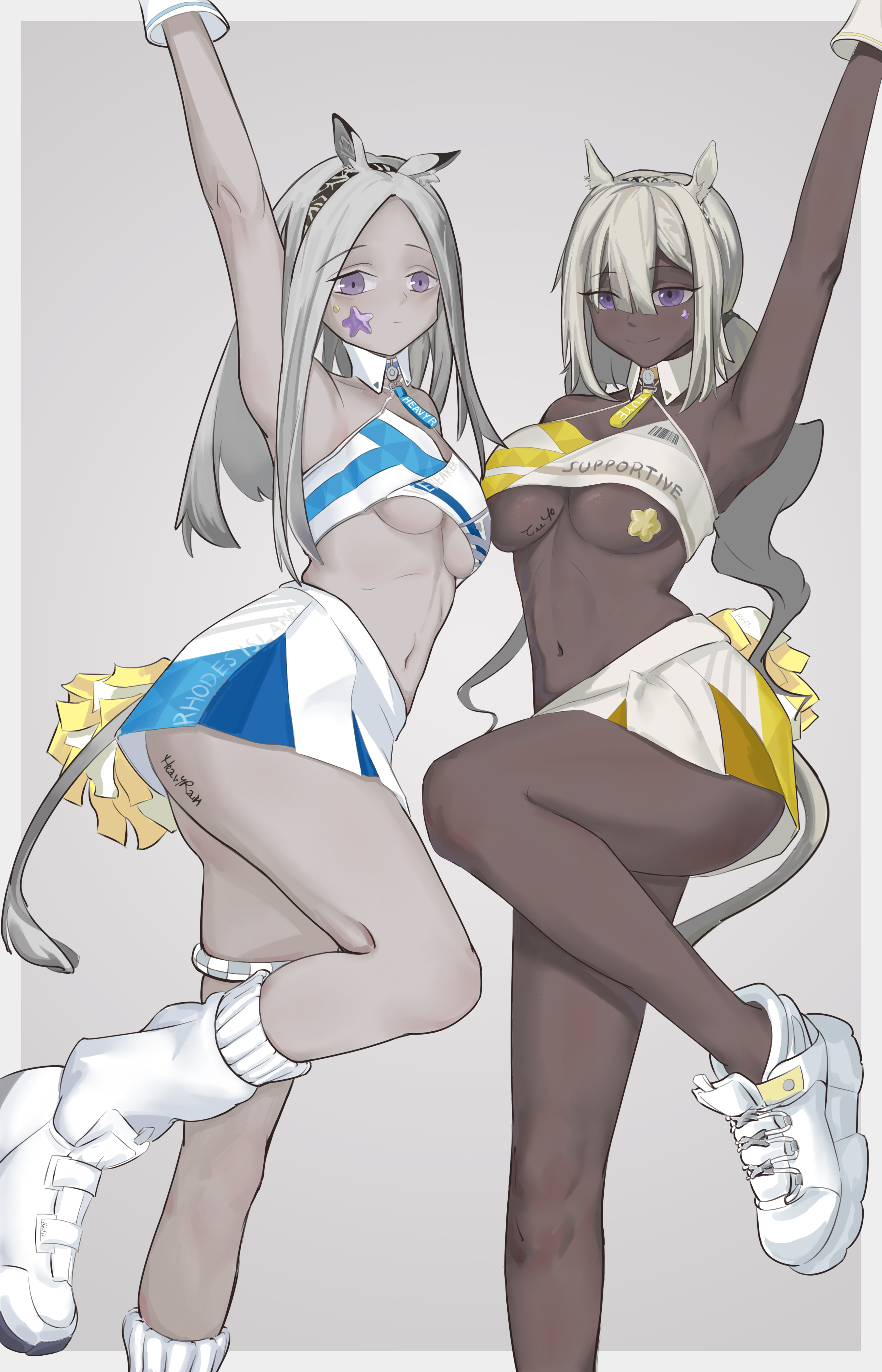 heavyrain (arknights), tuye (arknights), arknights, blue archive, absurdres, commentary, english commentary, highres, 2girls, animal ears, body writing, breasts, camel ears, camel girl, camel tail, character name, dark-skinned female, dark skin, gloves, grey hair, hair between eyes, long hair, looking at viewer, medium breasts, millennium cheerleader outfit (blue archive), multiple girls, navel, pom pom (cheerleading), purple eyes, rioffi mirai, simple background, smile, socks, standing, standing on one leg, star (symbol), star on cheek, star sticker, sticker, sticker on breast, underboob, white socks, zebra ears, zebra girl