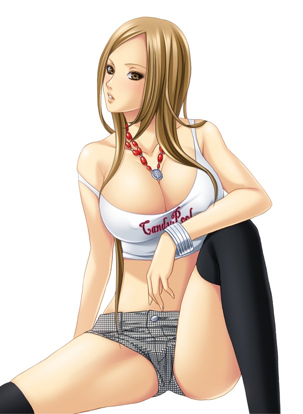 momoi komomo, original, bad id, bad pixiv id, 1girl, black thighhighs, blush, breasts, brown eyes, brown hair, candy pool, cleavage, covered erect nipples, female focus, gyaru, huge breasts, jewelry, kogal, large breasts, lips, lipstick, long hair, looking at viewer, makeup, midriff, necklace, short shorts, shorts, simple background, sitting, solo, tank top, thighhighs, white background