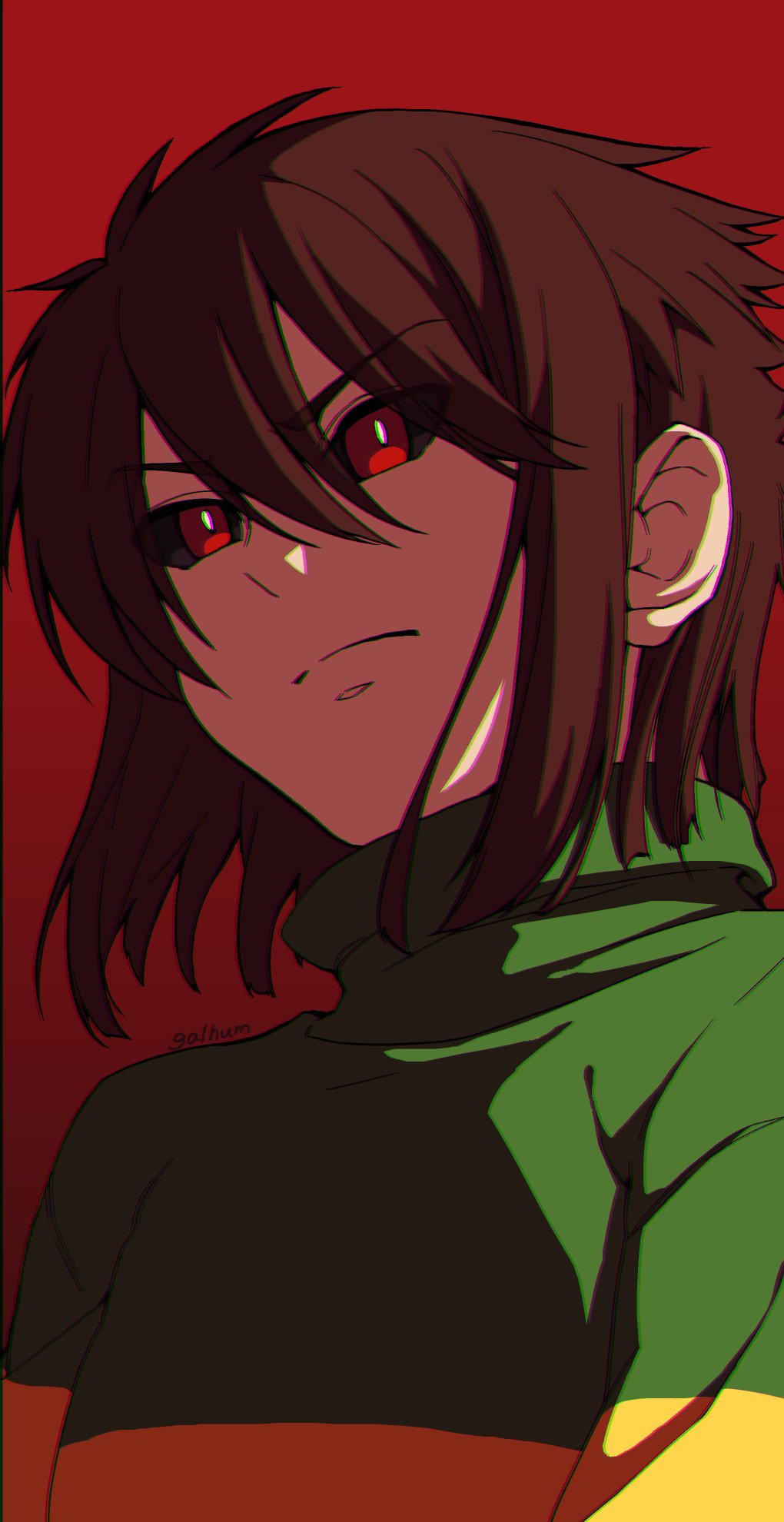 chara (undertale), glitchtale, undertale, utdr (toby fox), commentary, english commentary, highres, 1boy, alternate universe, angry, antenna hair, arms at sides, artist name, backlighting, black sclera, bright pupils, brown hair, chromatic aberration, closed mouth, colored sclera, double-parted bangs, from below, frown, galhum (galhum55), green sweater, hair between eyes, hair flaps, male focus, red background, red eyes, short hair, sidelocks, simple background, solo, sweater, turtleneck, turtleneck sweater, two-tone sweater, white pupils, yellow sweater