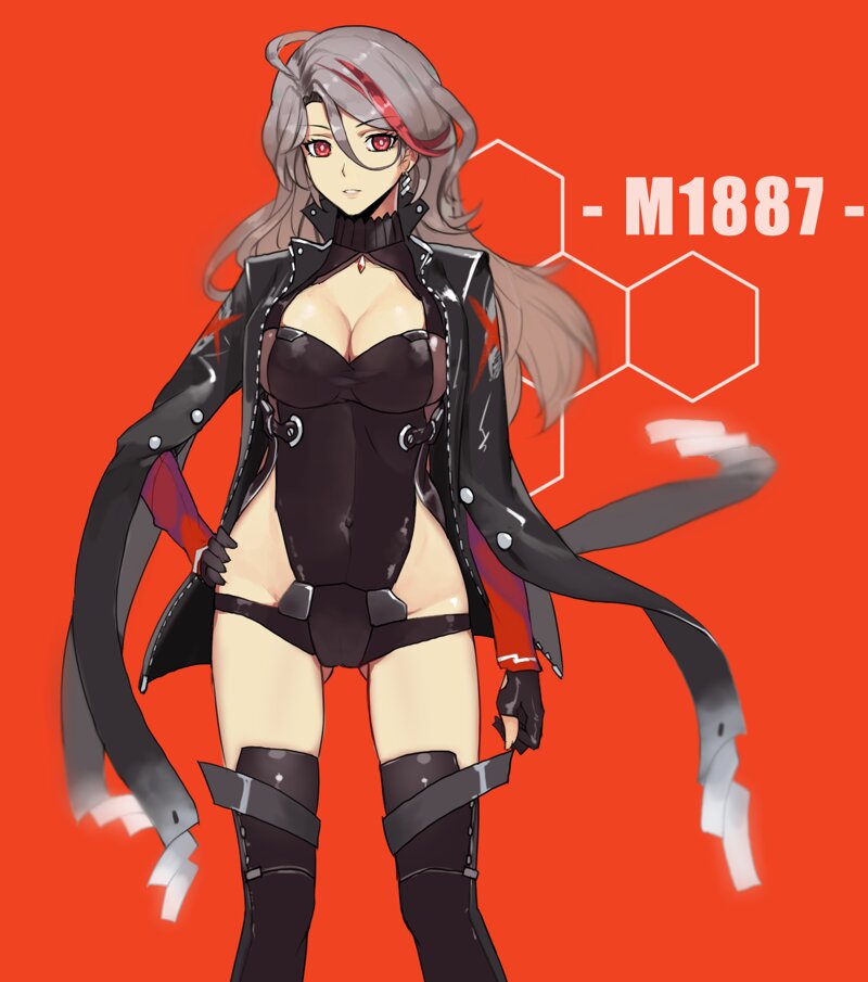 m1887 (girls' frontline), girls' frontline, 1girl, black jacket, breasts, brown hair, curly hair, earrings, gloves, hair between eyes, jacket, jewelry, open clothes, red background, red eyes, solo, standing