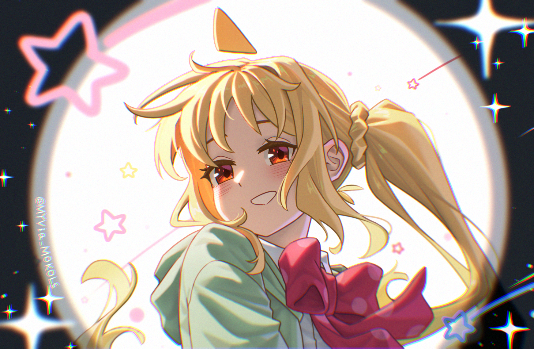 myvia mokols, ijichi nijika, bocchi the rock!, monitoring (vocaloid), commentary, highres, 1girl, ahoge, blonde hair, blush, bow, bowtie, detached ahoge, gibberish commentary, green hoodie, grin, hood, hood down, hoodie, long hair, looking at viewer, polka dot, polka dot bow, polka dot bowtie, portrait, red bow, red bowtie, red eyes, shirt, side ponytail, smile, solo, twitter username, white shirt