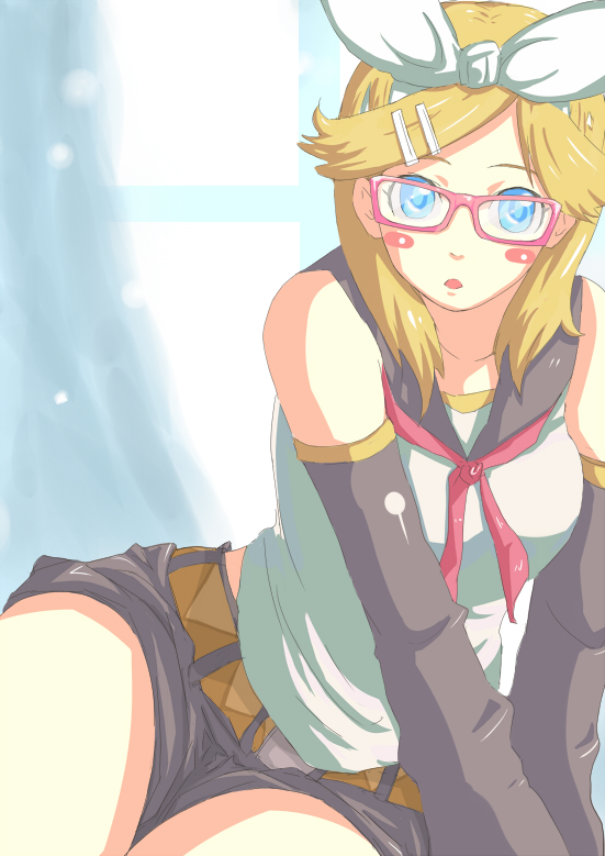 kosa k, kagamine rin, vocaloid, bad id, bad pixiv id, aqua eyes, blonde hair, blush, glasses