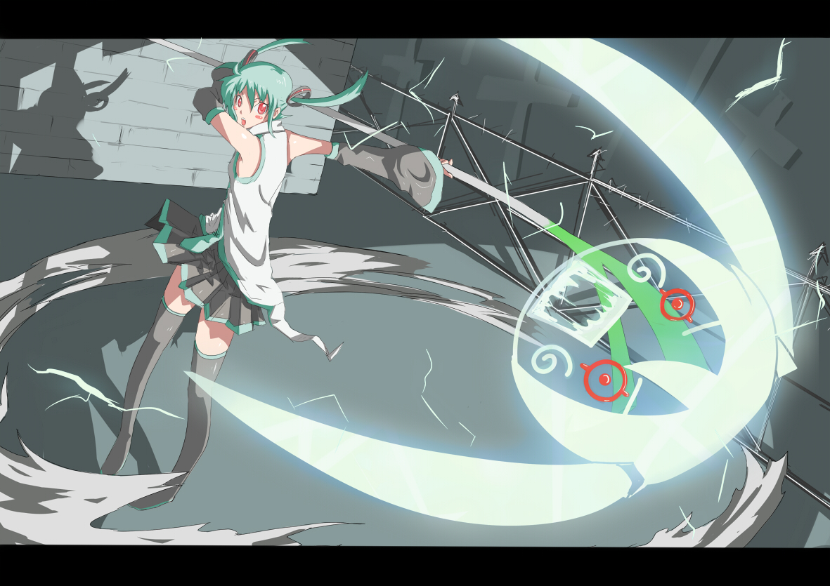 kosa k, hatsune miku, maka albarn, soul eater, vocaloid, bad id, bad pixiv id, 1girl, cosplay, cute weapon, female focus, letterboxed, maka albarn (cosplay), parody, solo, spring onion, weapon
