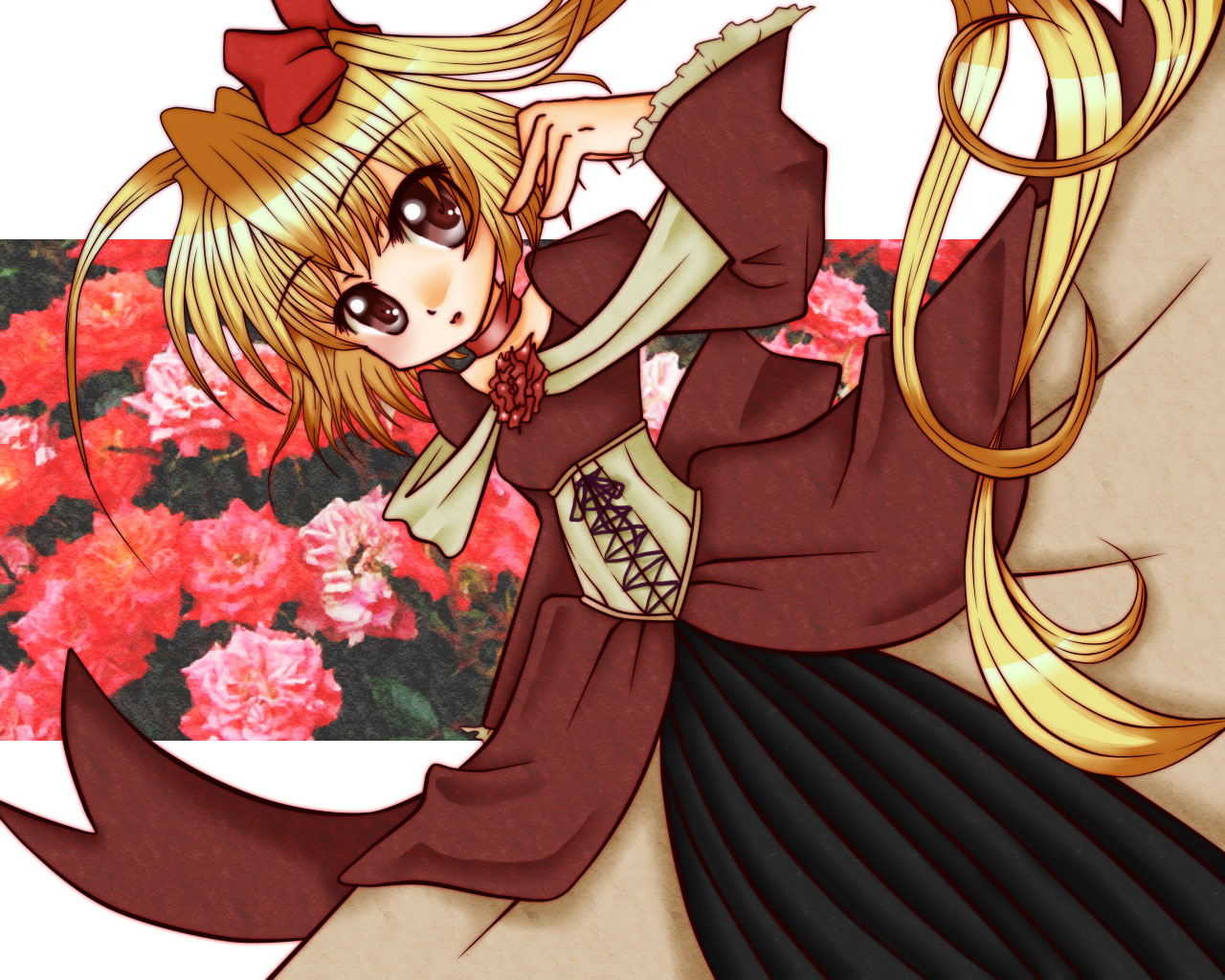 suou asuka, flandre scarlet, touhou, 1girl, :o, blush, collarbone, dress, dutch angle, female focus, flower, long hair, long sleeves, looking at viewer, parted lips, red dress, red flower, red rose, rose, short hair, side ponytail, solo, tareme, very long hair