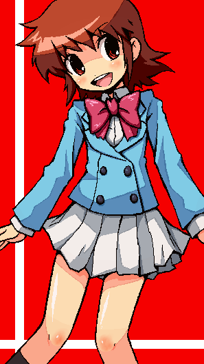 shirono, akashi kaoru, zettai karen children, 00s, 1girl, blazer, bow, brown hair, female focus, head tilt, jacket, oekaki, red eyes, school uniform, short hair, smile, socks, solo