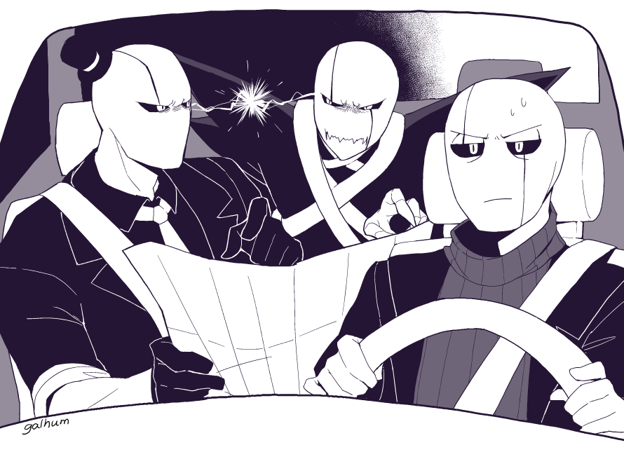 w.d. gaster, glitchtale, undertale, utdr (toby fox), xtale, commentary, english commentary, 3boys, alternate universe, angry, artist name, bald, car interior, closed mouth, collared shirt, colored sclera, driving, epictale, fangs, frown, galhum (galhum55), gloves, greyscale, hat, hat tip, high contrast, holding, holding map, jacket, lapels, long sleeves, looking ahead, looking at another, male focus, map, mini hat, mini top hat, monochrome, multiple boys, multiple persona, necktie, no mouth, notched lapels, open clothes, open jacket, ribbed sweater, scar, scar across eye, scar across eyes, scar on face, shirt, short-sleeved jacket, short sleeves, simple background, skeleton, skin fangs, steering wheel, sweat, sweater, top hat, turtleneck, turtleneck sweater, upper body, v-shaped eyebrows