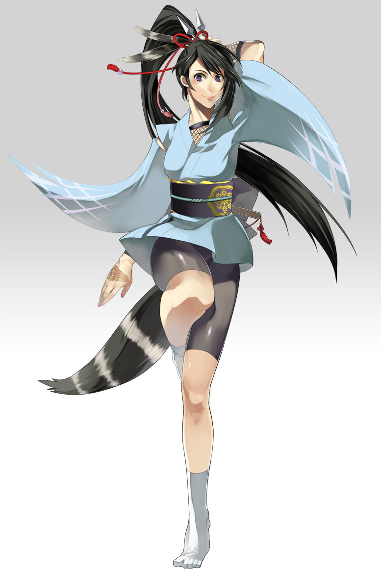 ishida shouji, bad id, bad pixiv id, bike shorts, black hair, fishnets, japanese clothes, kimono, ponytail, purple eyes, socks, solo, tail