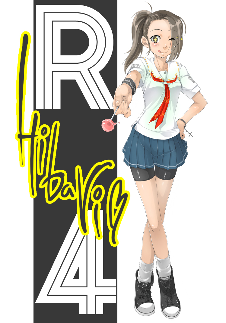 sakura kotetsu, bike shorts, blush, bracelet, candy, food, jewelry, lollipop, one eye closed, ponytail, school uniform, serafuku, socks, solo, wink