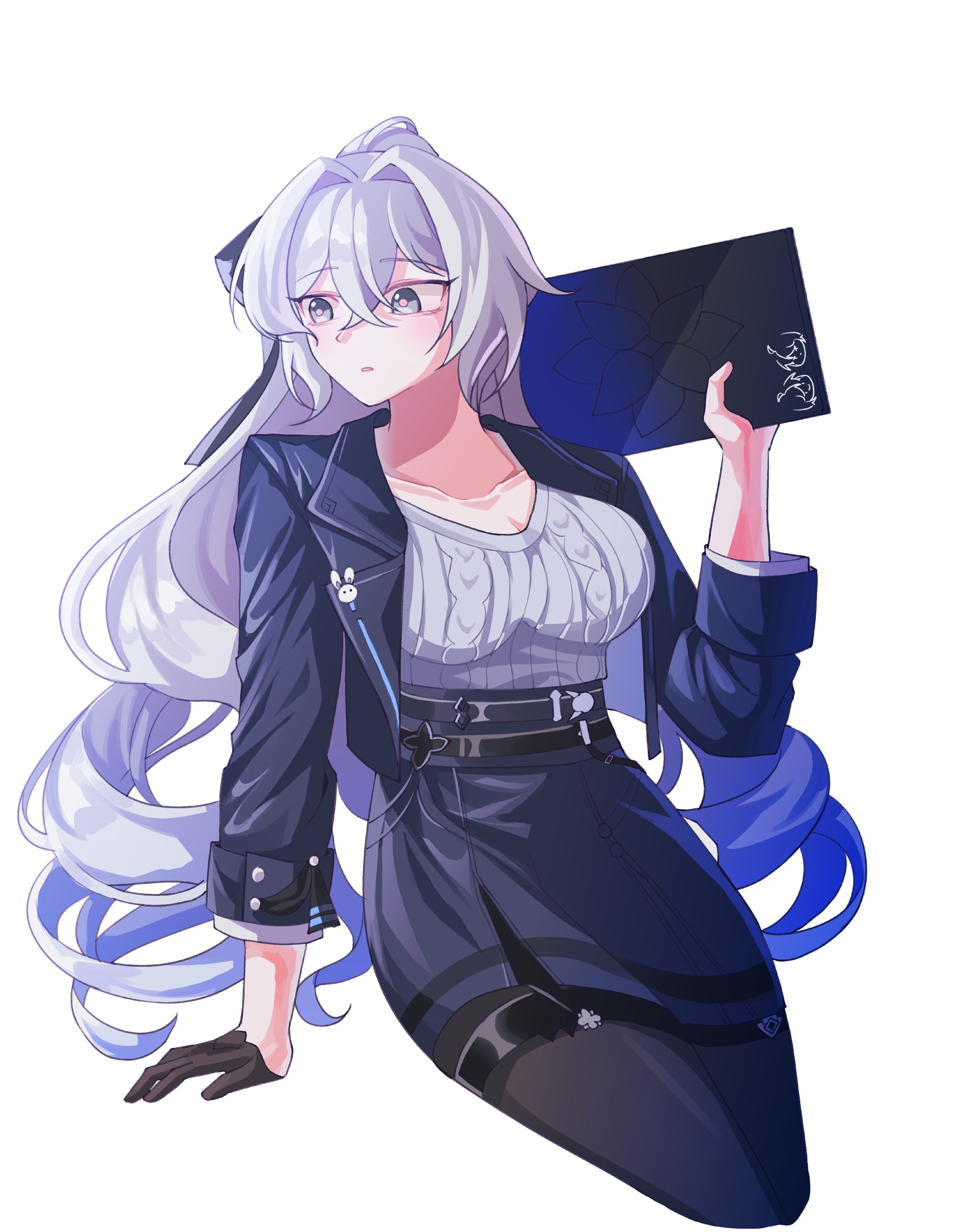 bronya zaychik, bronya zaychik (outstanding attitude), bronya zaychik (silverwing: n-ex), honkai (series), honkai impact 3rd, absurdres, commentary request, highres, korean commentary, 1girl, black pantyhose, black skirt, black vest, breasts, cropped legs, drill hair, grey eyes, grey hair, grey sweater, holding, holding notebook, large breasts, long hair, notebook, official alternate costume, pantyhose, pencil skirt, ribbed sweater, s9897907160915, simple background, skirt, solo, sweater, very long hair, vest, white background