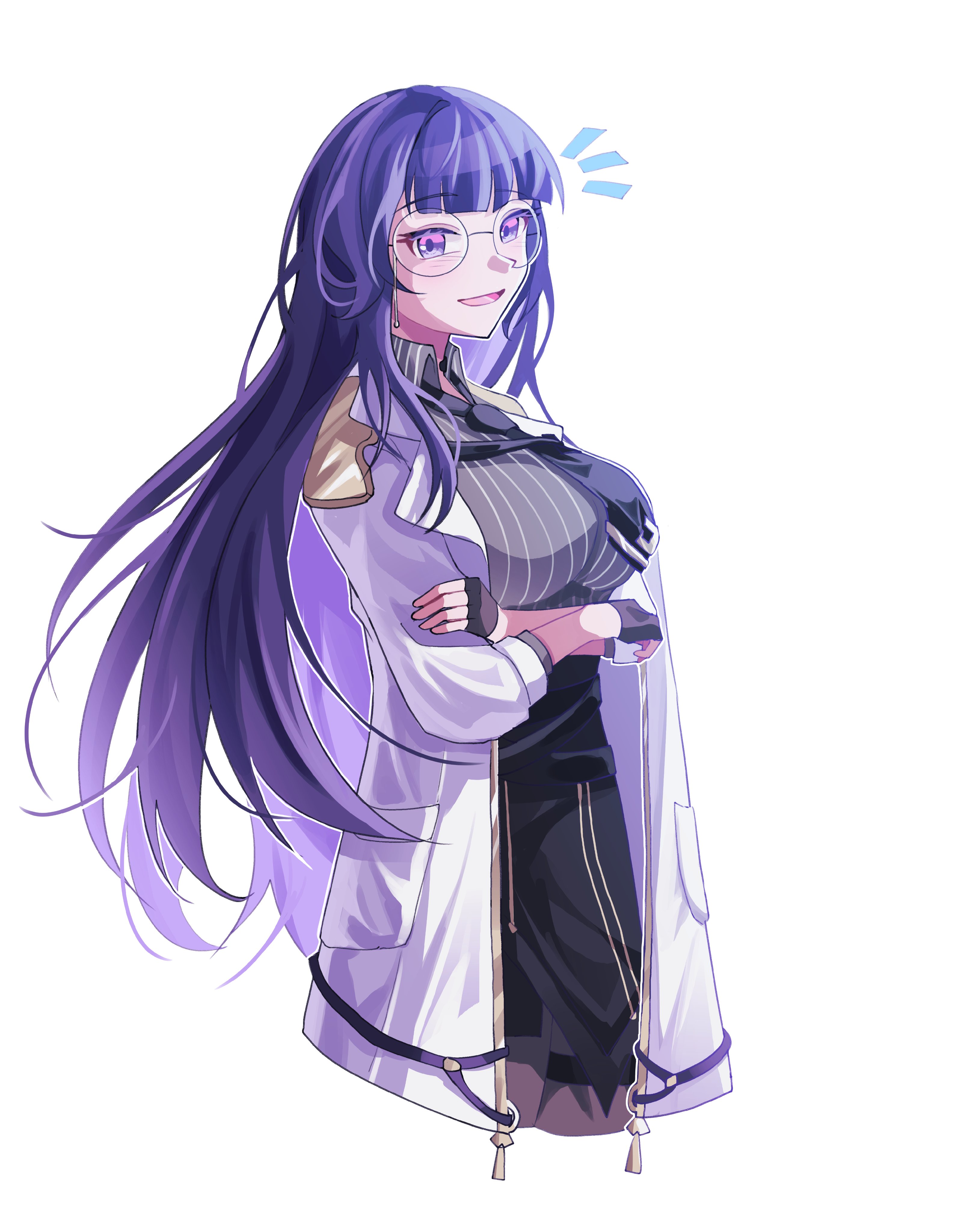 mei (honkai impact), honkai (series), honkai impact 3rd, absurdres, highres, 1girl, ^^^, black gloves, black skirt, breasts, coat, cropped legs, crossed arms, fingerless gloves, glasses, gloves, grey sweater, lab coat, large breasts, long hair, purple eyes, purple hair, round eyewear, s9897907160915, simple background, skirt, solo, sweater, very long hair, white background, white coat