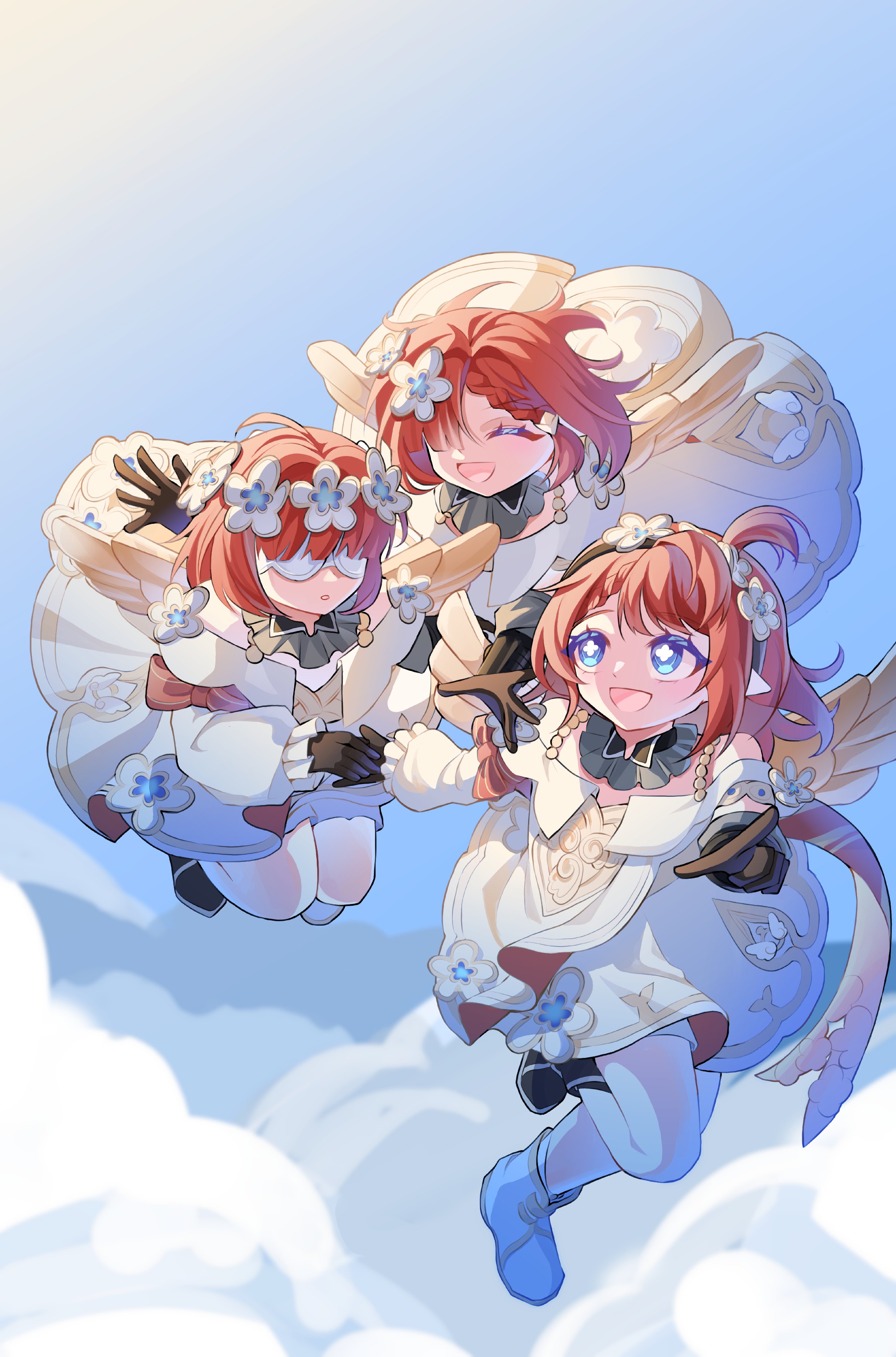 trianne (honkai: star rail), tribbie (honkai: star rail), trinnon (honkai: star rail), honkai: star rail, honkai (series), absurdres, highres, 3girls, ancient greek clothes, angel wings, asymmetrical footwear, black boots, black gloves, blue sky, boots, cloud, cross-shaped pupils, eye mask, flower, gloves, greco-roman clothes, hair flower, hair ornament, head wreath, midair, mismatched footwear, multiple girls, open mouth, pointy ears, s9897907160915, short hair, sky, smile, symbol-shaped pupils, triplets, white boots, wings