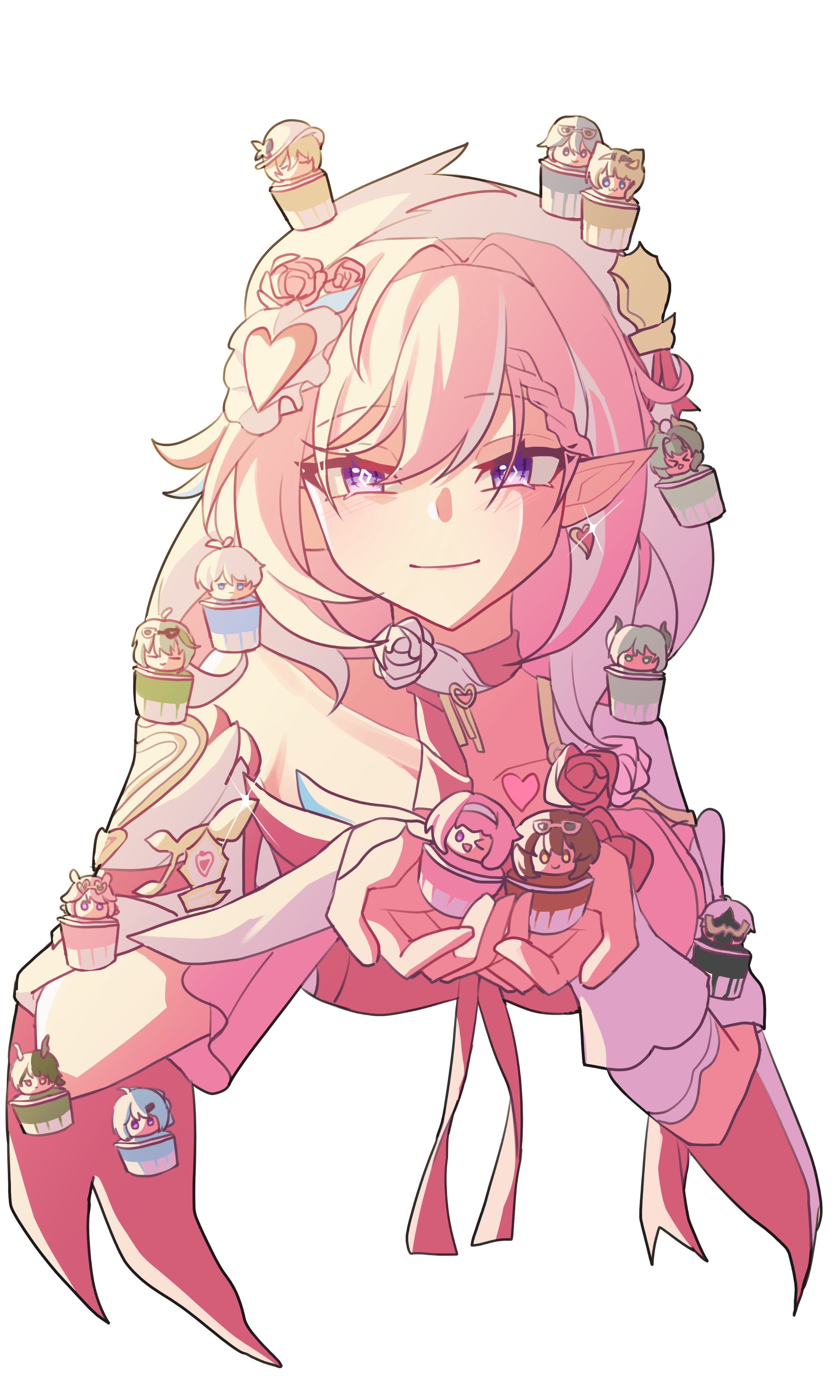 aponia, eden (honkai impact), elysia (hi elf of love) (honkai impact), elysia (honkai impact), fu hua, griseo, griseo (starry impression), kalpas (honkai impact), kevin kaslana, kosma, mobius (honkai impact), pardofelis, su (honkai impact), tt013 (thirteennn013), vill-v, yae sakura, yae sakura (goushinnso memento), honkai (series), honkai impact 3rd, absurdres, commentary request, highres, korean commentary, 1girl, beret, breasts, cropped torso, cupcake, diamond-shaped pupils, diamond (shape), dress, earrings, elf, food, hat, heart, heart earrings, holding, jewelry, large breasts, long hair, looking at viewer, pink dress, pink hair, pointy ears, purple eyes, s9897907160915, simple background, smile, solo, symbol-shaped pupils, very long hair, white background, white hat