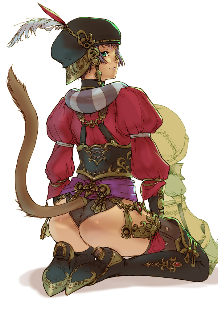 branch (blackrabbits), mithra (ff11), puppetmaster, final fantasy, final fantasy xi, bad id, bad pixiv id, 00s, 1girl, animal ears, aqua eyes, ass, cat ears, cat tail, feathers, female focus, hat, high heels, kneeling, puffy sleeves, shoes, solo, tail, tan, thighhighs