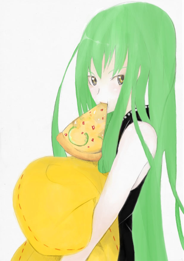 c.c., cheese-kun, code geass, pizza hut, 00s, 1girl, female focus, food, green hair, long hair, looking at viewer, mouth hold, pizza, pizza slice, sleeveless, solo, upper body, very long hair, white background, yellow eyes