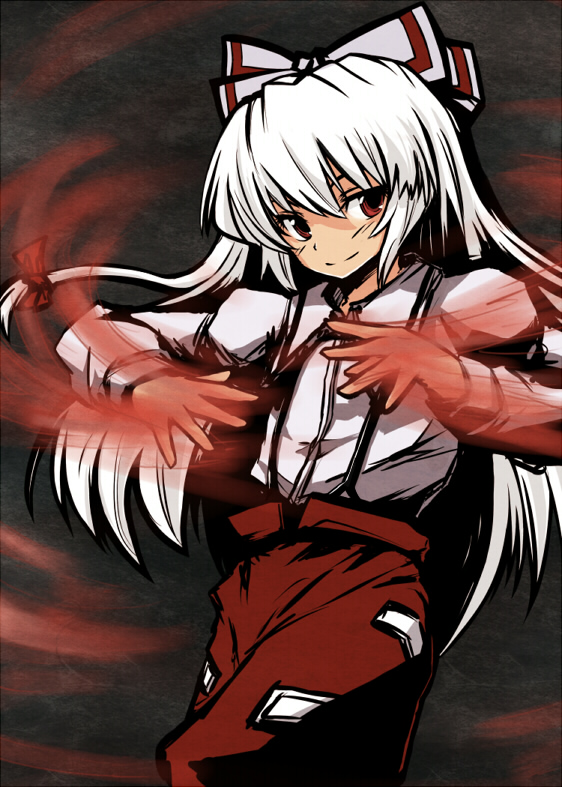 negija, fujiwara no mokou, touhou, 1girl, female focus, long hair, ribbon, solo, standing, white hair
