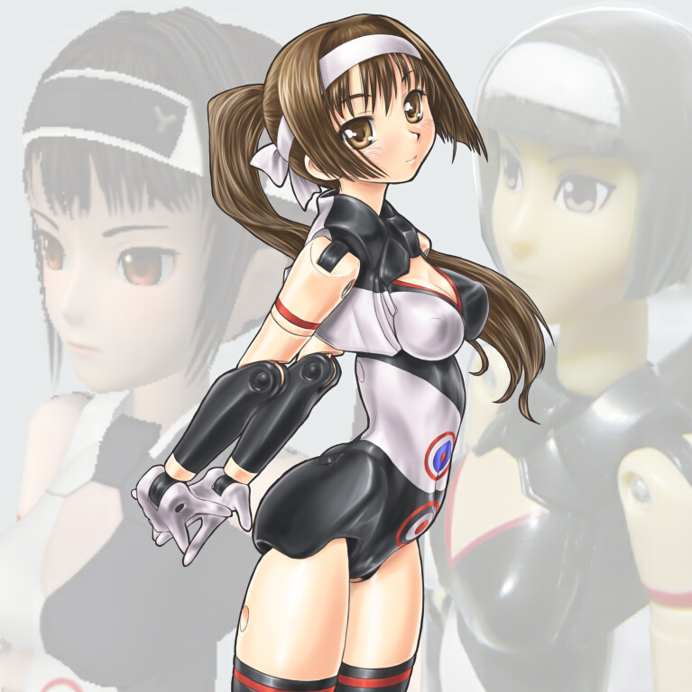 dd (ijigendd), benio, benio (busou shinki), busou shinki, 10s, brown eyes, brown hair, doll joints, headband, joints, long hair, ponytail, solo, thighhighs