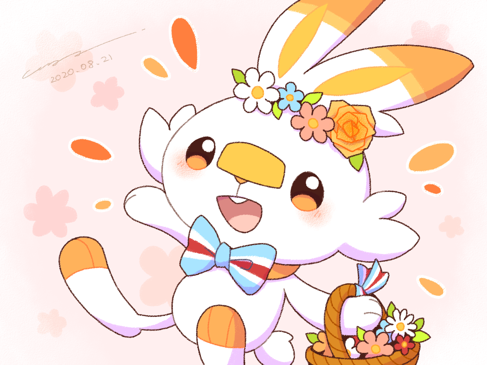 scorbunny, nintendo, pokemon, commentary request, highres, :d, basket, blush, bow, bowtie, dated, flower, gen 8 pokemon, happy, itoharu, no humans, open mouth, pokemon (creature), pokemon focus, signature, smile, solo, striped bow, striped bowtie, striped clothes, teeth, upper teeth only