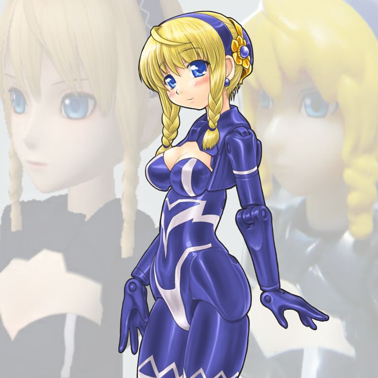 dd (ijigendd), xiphos, busou shinki, 10s, ahoge, blonde hair, blue eyes, braid, doll joints, earrings, jewelry, joints, short hair, solo