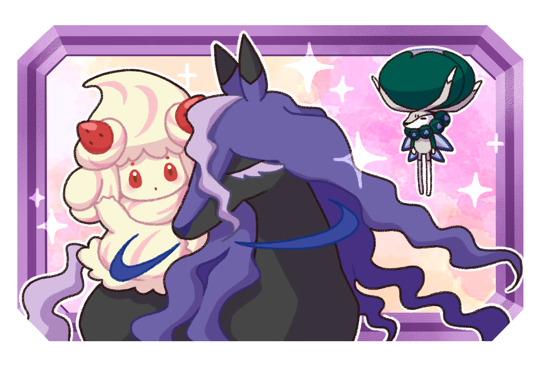 alcremie, calyrex, spectrier, nintendo, pokemon, commentary request, highres, closed eyes, colored eyelashes, floating, gen 8 pokemon, itoharu, legendary pokemon, looking at viewer, outline, pokemon (creature), pokemon focus, red eyes, riding, riding pokemon, sparkle