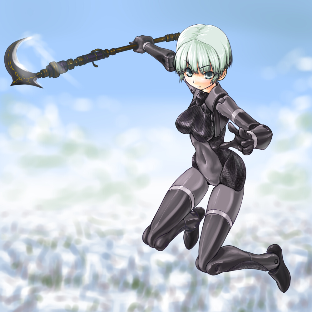 dd (ijigendd), fubuki (busou shinki), busou shinki, silver hair, 10s, doll joints, grey eyes, joints, scythe, short hair, solo, thighhighs