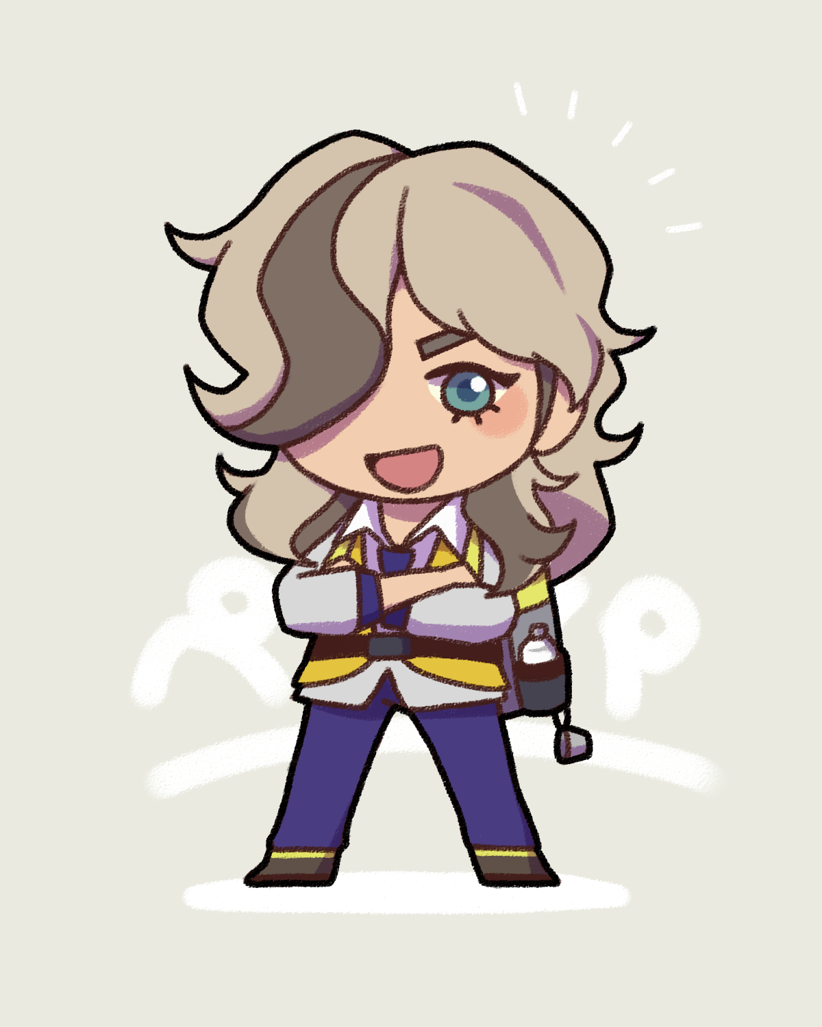 arven (pokemon), nintendo, pokemon, pokemon sv, commentary request, highres, 1boy, :d, backpack, bag, brown hair, chibi, chibi only, collared shirt, crossed arms, eyelashes, green eyes, hair over one eye, happy, itoharu, legs apart, male focus, necktie, open mouth, pants, shirt, shoes, smile, solo, standing, vest, yellow vest