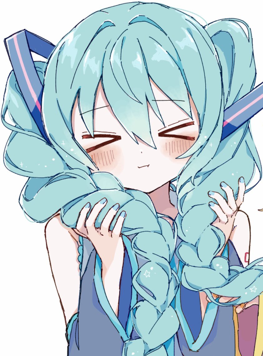 tono kabeuchi, hatsune miku, vocaloid, commentary request, > <, 1girl, alternate hairstyle, bare shoulders, black sleeves, blue hair, blush, braid, closed eyes, closed mouth, detached sleeves, facing viewer, grey shirt, hair between eyes, holding, holding own hair, long hair, long sleeves, number tattoo, shirt, shoulder tattoo, simple background, sleeveless, sleeveless shirt, solo, tattoo, twin braids, twintails, upper body, white background
