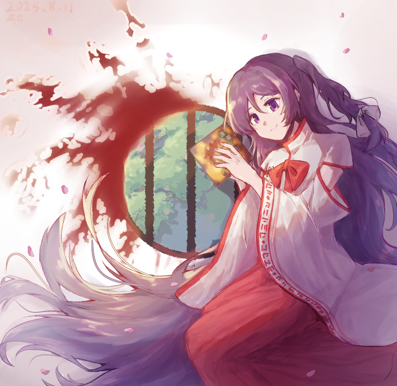 ze. (user upyh7534), label girl (dipp), dolls in pseudo paradise, touhou, commentary request, highres, 1girl, absurdly long hair, bow, bowtie, detached sleeves, fire, foliage, hair bow, holding, long hair, long skirt, long sleeves, no headwear, orange background, pink petals, purple eyes, purple hair, red bow, red bowtie, red skirt, round window, shirt, side ponytail, skirt, smile, solo, very long hair, white bow, white shirt, window