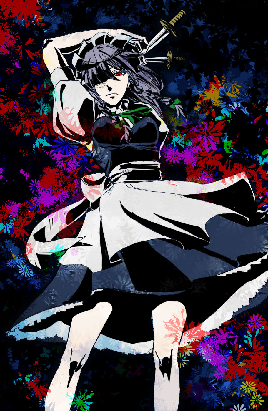 ohagi, ohagi (pipedreams), izayoi sakuya, touhou, highres, 1girl, between fingers, female focus, holding, knife, maid, ribbon, short hair, solo, throwing knife, weapon