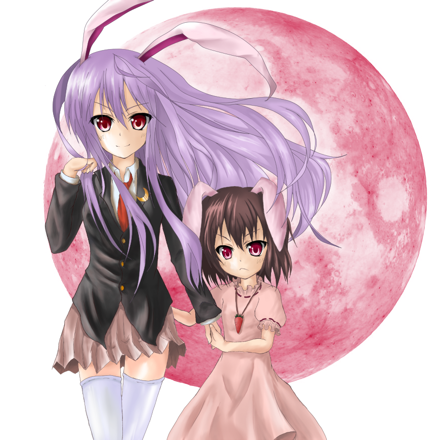 amatsuchi, inaba tewi, reisen udongein inaba, touhou, bad id, bad pixiv id, 2girls, animal ears, black hair, dress, female focus, long hair, moon, multiple girls, purple hair, rabbit ears, red moon, short hair, skirt, sky, thighhighs, white background