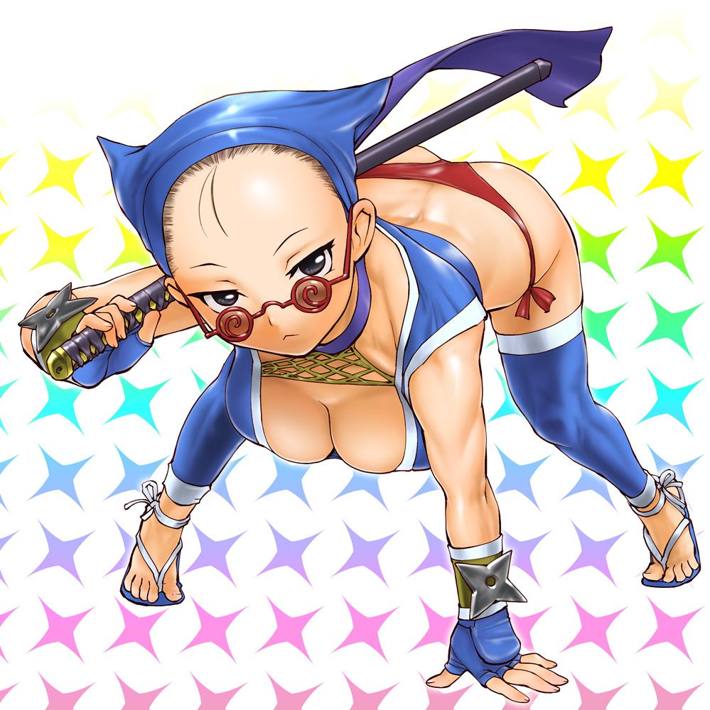 ueyama michirou, hattori kanzou, ninja hattori-kun, 1980s (style), 1girl, bent over, black eyes, breasts, cleavage, downblouse, female focus, fingerless gloves, genderswap, genderswap (mtf), glasses, gloves, katana, large breasts, ninja, oldschool, panties, retro artstyle, shuriken, side-tie panties, solo, sword, thighhighs, thong, underwear, weapon