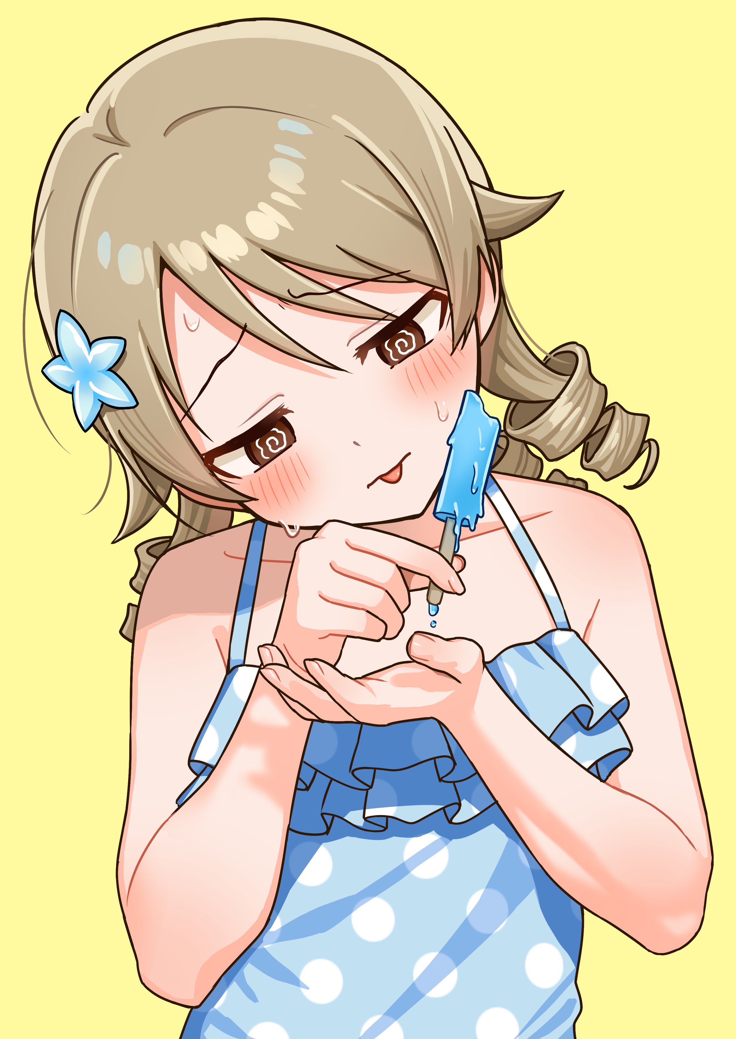 yukinuno, morikubo nono, idolmaster, idolmaster cinderella girls, idolmaster cinderella girls starlight stage, absurdres, highres, 1girl, @ @, bare shoulders, blue camisole, blush, brown eyes, brown hair, camisole, closed mouth, collarbone, drill hair, food, furrowed brow, hair ornament, head tilt, holding, holding food, holding popsicle, long hair, looking at object, melting popsicle, popsicle, ringlets, simple background, solo, sweatdrop, tongue, tongue out, upper body, yellow background