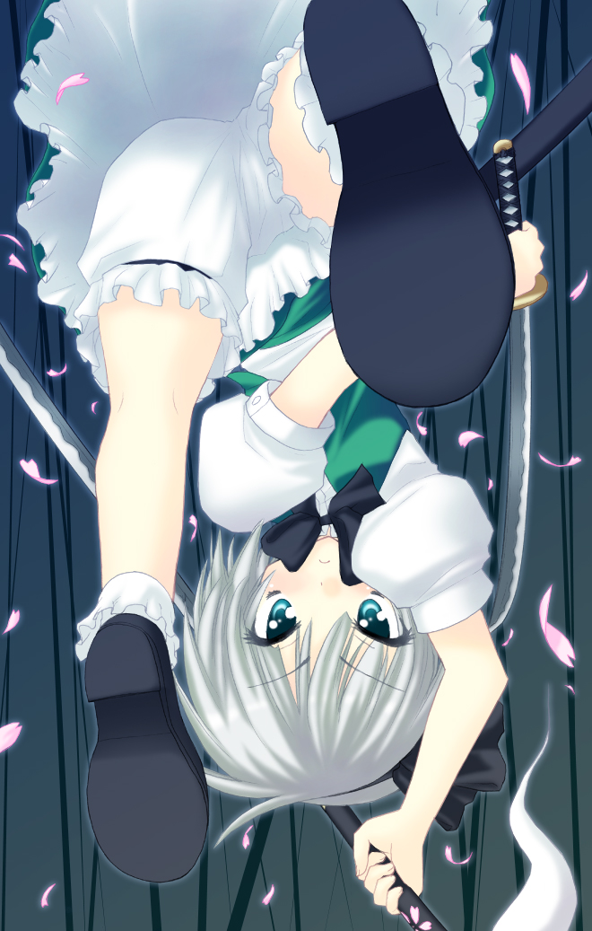 saki chisuzu, konpaku youmu, konpaku youmu (ghost), touhou, 1girl, bloomers, dual wielding, female focus, hitodama, holding, petals, shoe soles, solo, sword, underwear, upside-down, weapon, white bloomers