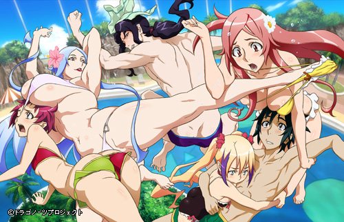jacqueline baumgold, machina (dragonaut), souya akira, toa (dragonaut), dragonaut, lowres, 00s, 2boys, 4girls, ass, bikini, blush, breast press, breast rest, breasts, butt crack, curvy, hug, huge breasts, large breasts, multiple boys, multiple girls, one eye closed, small breasts, swimsuit, wink