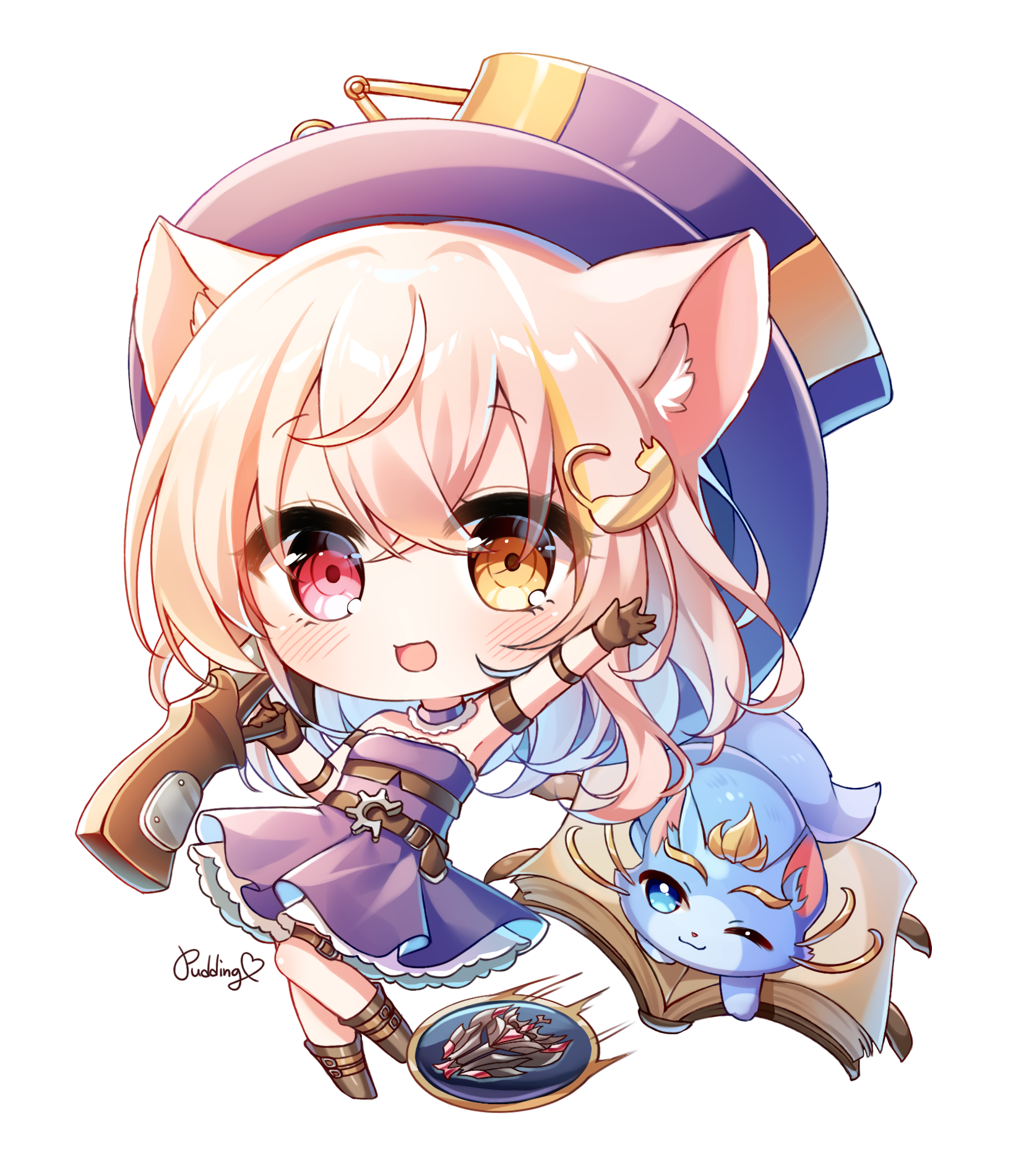 pudding (skymint 028), amemiya ayune, indie virtual youtuber, commentary, commission, highres, pixiv commission, symbol-only commentary, 1girl, :3, :d, armpits, bare shoulders, blonde streaks, blush, boots, brown boots, brown gloves, cat hair ornament, chibi, chibi only, dress, frilled dress, frills, full body, gloves, gun, hair ornament, hat, heterochromia, holding, holding gun, holding weapon, long hair, looking at viewer, multicolored hair, open mouth, outstretched arm, pink hair, purple dress, purple hat, red eyes, signature, simple background, smile, solo, standing, strapless, strapless dress, streaked hair, virtual youtuber, weapon, white background, yellow eyes