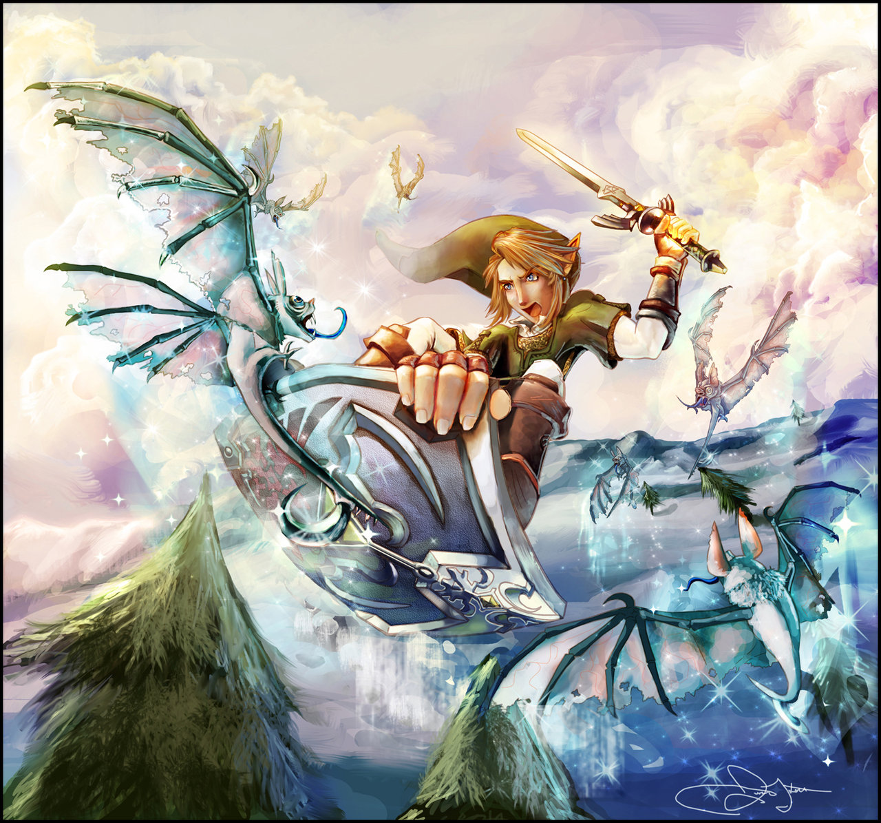 link, nintendo, the legend of zelda, bat (animal), battle, blonde hair, blue eyes, male focus, pointy ears, shield, solo, sword, weapon