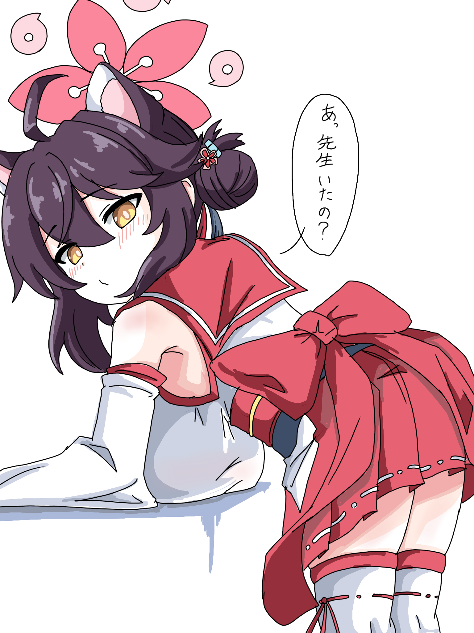 tachikaze miyako, kaede (blue archive), blue archive, highres, translated, 1girl, ahoge, animal ears, back bow, bent over, bow, breasts, bright pupils, cowboy shot, detached sleeves, extra ears, hair between eyes, hair bun, hakama, hakama short skirt, hakama skirt, halo, hanging breasts, japanese clothes, kimono, large breasts, looking at viewer, medium hair, nontraditional miko, oppai loli, pleated skirt, red hakama, red halo, red sailor collar, red skirt, ribbon-trimmed thighhighs, ribbon trim, sailor collar, simple background, single side bun, skirt, sleeveless, sleeveless kimono, solo, thighhighs, white background, white pupils, yellow eyes