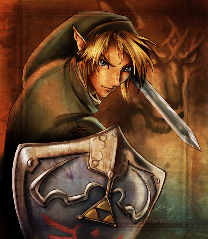 link, nintendo, the legend of zelda, 1boy, annecain, blonde hair, blue eyes, earrings, hylian shield, jewelry, male focus, master sword, pointy ears, shield, signature, solo, sword, weapon, wolf