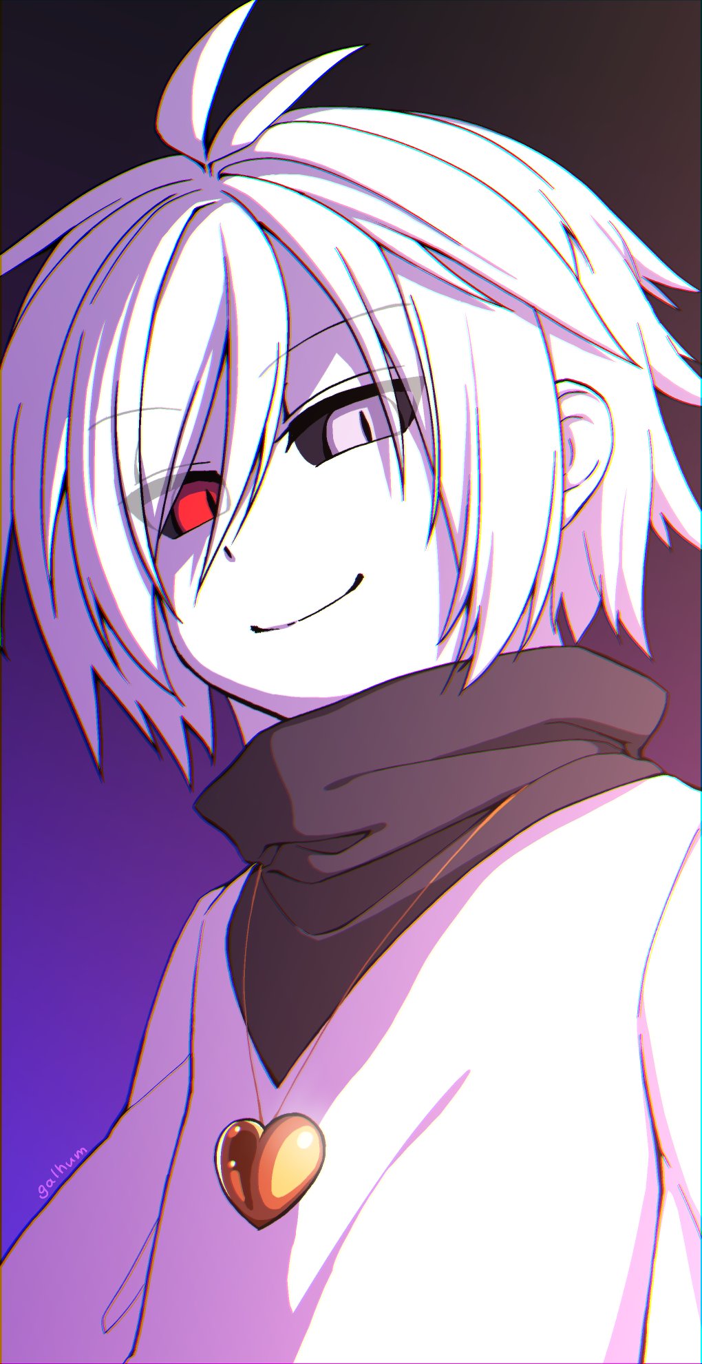 chara (undertale), undertale, utdr (toby fox), xtale, commentary, english commentary, highres, 1boy, alternate universe, antenna hair, arms at sides, artist name, bandana, bandana around neck, black background, black sclera, chromatic aberration, closed mouth, colored sclera, colored skin, double-parted bangs, eyes visible through hair, from below, galhum (galhum55), gold necklace, gradient background, grey bandana, hair between eyes, hair flaps, hair over one eye, heart, heart necklace, heterochromia, jewelry, looking at viewer, male focus, necklace, purple background, red eyes, shirt, sidelighting, sidelocks, simple background, smile, solo, upper body, white eyes, white hair, white shirt, white skin
