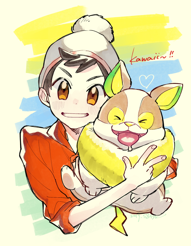 smskt 25, victor (pokemon), yamper, nintendo, pokemon, pokemon swsh, commentary request, > <, 1boy, beanie, blush, brown eyes, brown hair, closed eyes, dog, fangs, fingernails, gen 8 pokemon, grey hat, hat, heart, holding, holding pokemon, male focus, open mouth, pokemon (creature), pom pom (clothes), red shirt, saliva, shirt, short hair, smile, teeth, tongue, tongue out, w