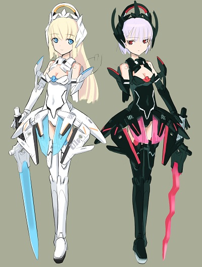 shimada fumikane, olbern, zilvern, busou shinki, 10s, 2girls, albino, blonde hair, blue eyes, doll joints, joints, multiple girls, red eyes, sword, thighhighs, weapon, white hair