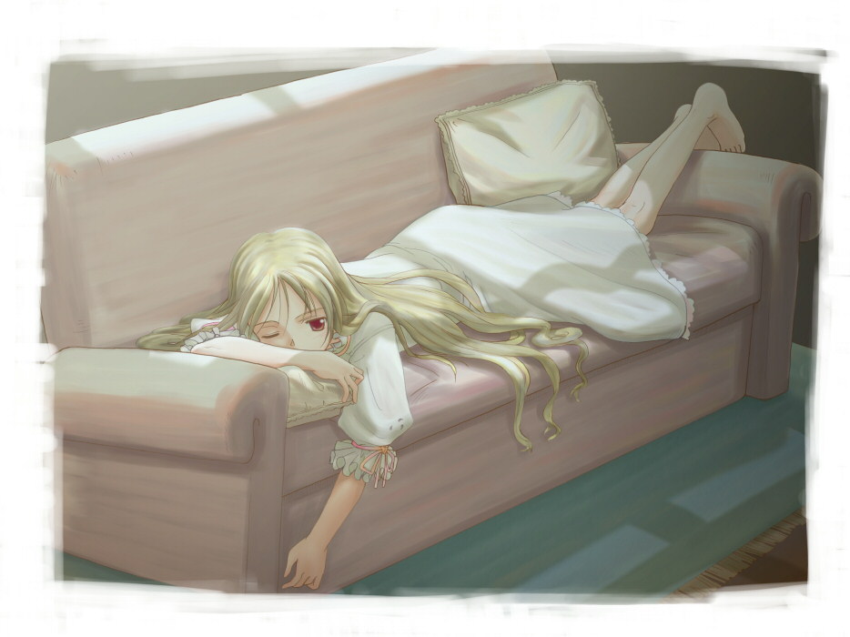 1girl, barefoot, blonde hair, child, couch, female focus, head rest, lingerie, long hair, lying, nightgown, one eye closed, pillow, red eyes, solo, underwear